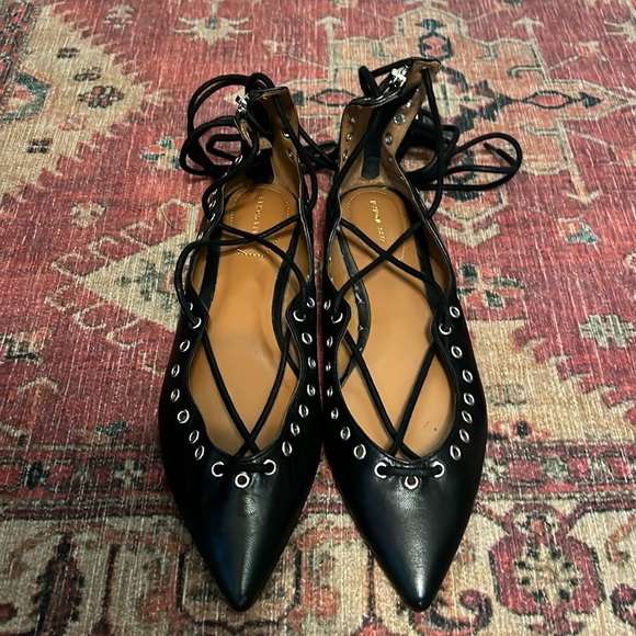 ZARA LEATHER STUDDED LACE-UP BALLERINA BLACK SHOES 37 RARE - Picture 2 of 3